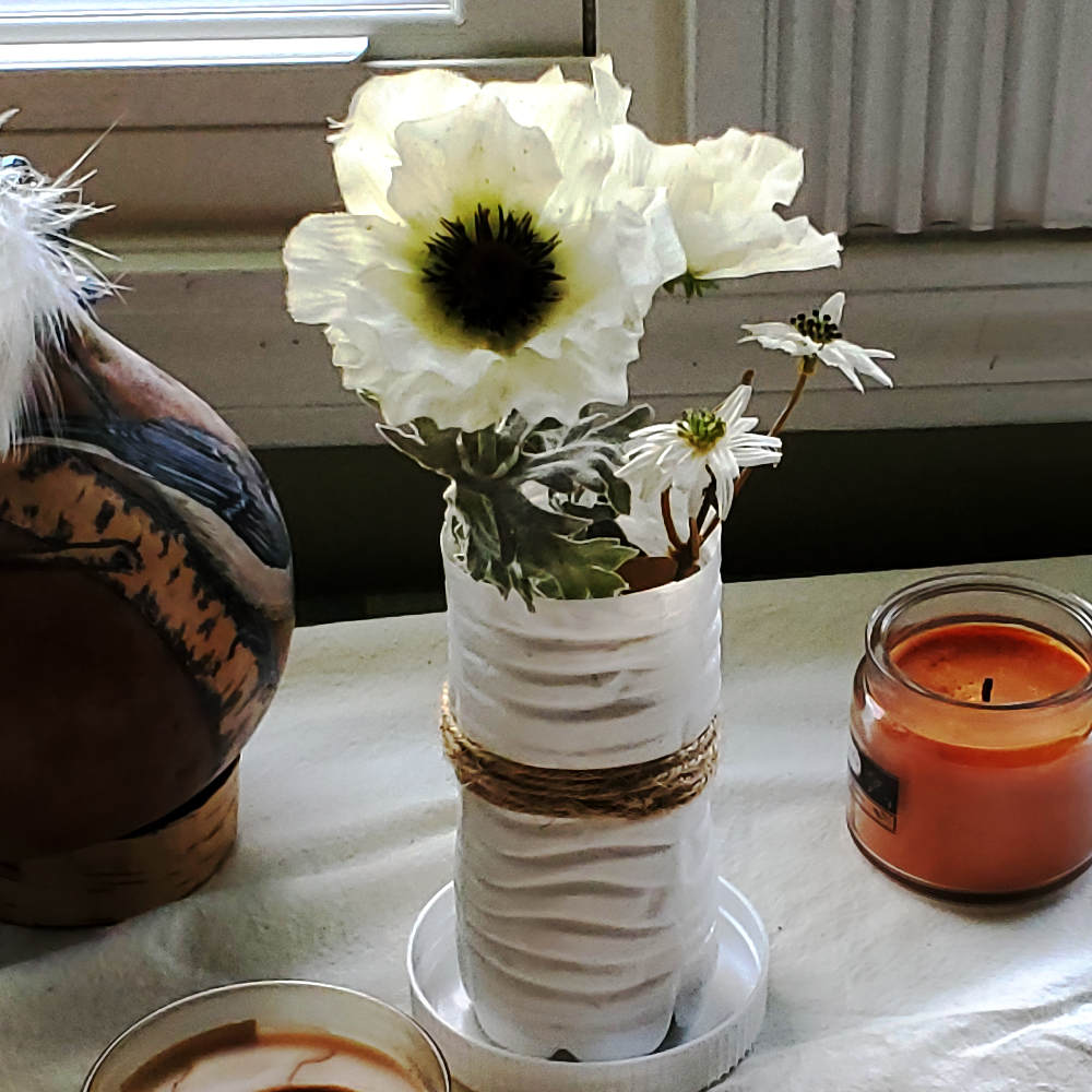 Boho, fall-themed, unique, recycled water bottle vase